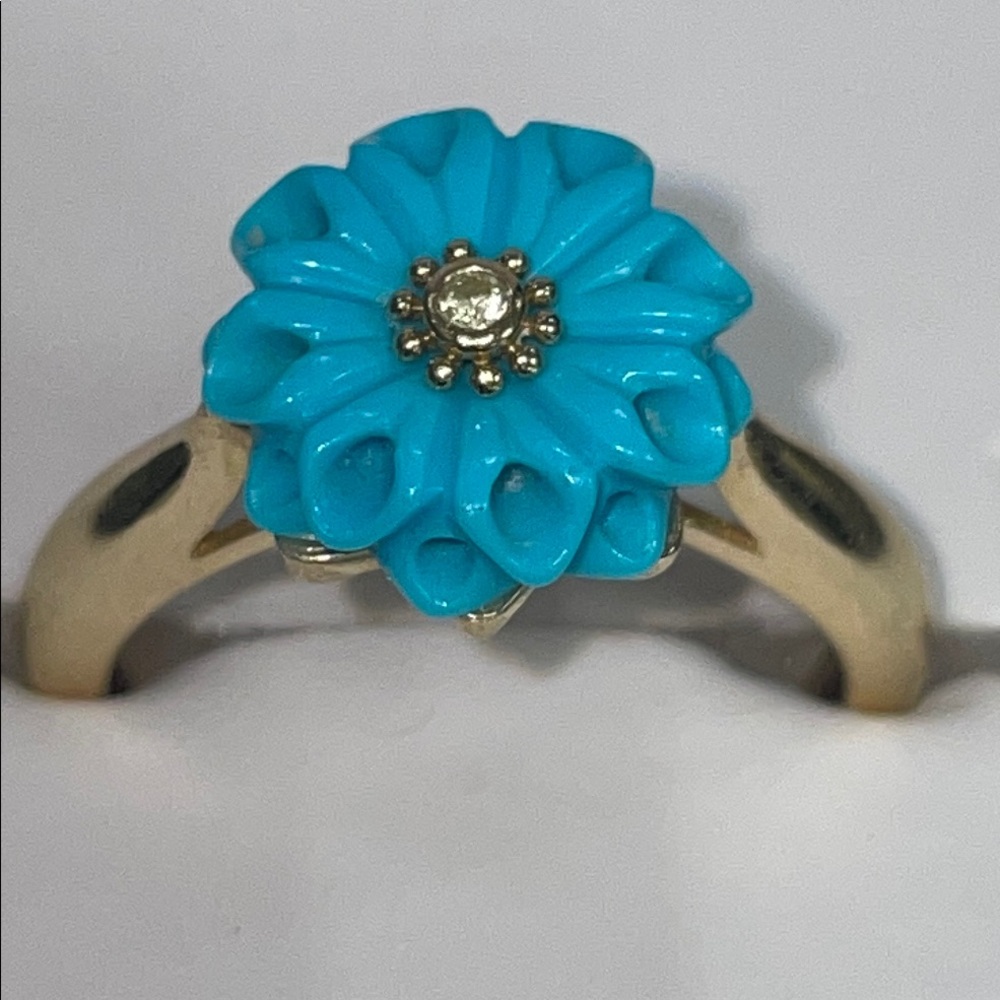 Gold  10 K Sleeping BeautyTurquoise Flower Ring w/Yellow Diamond Accents Size 7 - Picture 4 of 10